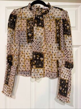 BB Dakota Patchwork Floral Sheer Blouse in Cream, Black & Gold